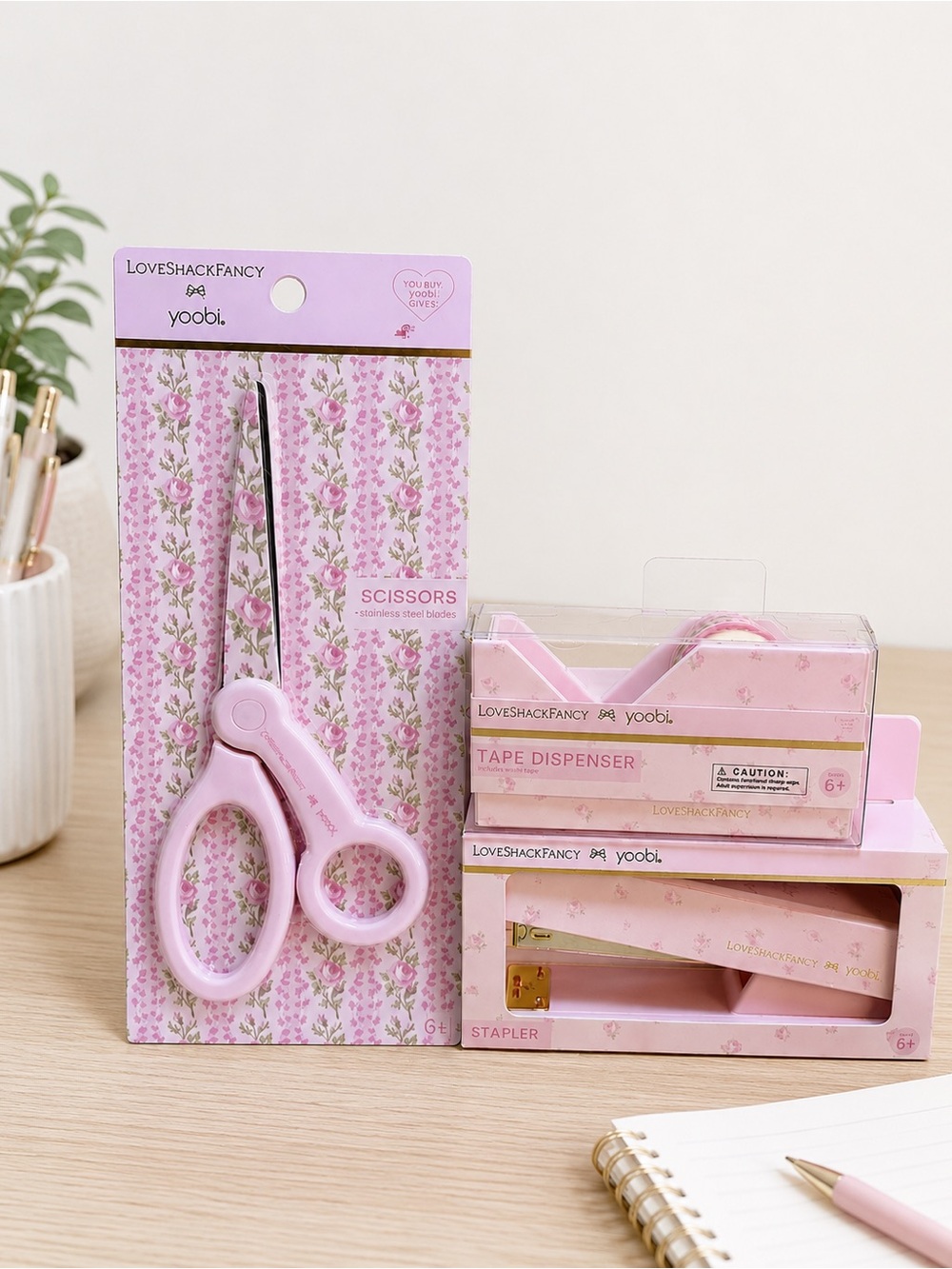 LoveShackFancy Pink Stapler Pink Tape Dispenser, Scissors Set